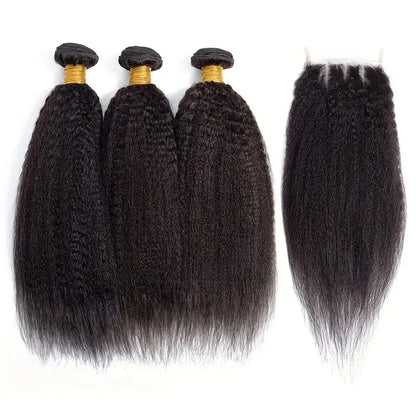 12A Raw Indian Kinky Straight 3 Bundles With Closure Human Hair Bundles With HD Frontal Yaki Straight Weave Bundles With Frontal
