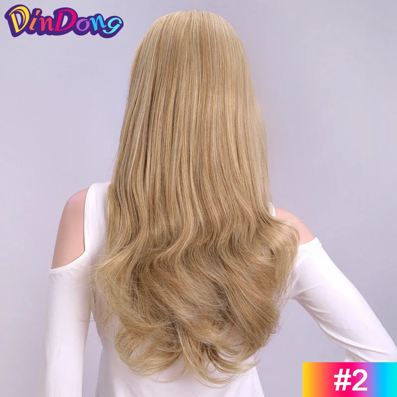 24 Inch Synthetic Long Wavy Head Tied  3/4 Half Wigs for Women With Clips In, Hair Extension Blonde Wigs