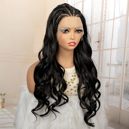 26 Inches Long Wavy Curly with Braids Synthetic Hair 13x4 Lace Front Wigs for Women Natural Color Wig for Daily Party Use
