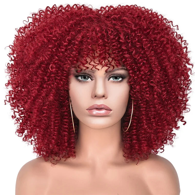 Short Afro Kinky Curly Wig With Bangs For Black Women Synthetic Ombre Glueless Colorful Wig Cosplay Party Halloween Wigs