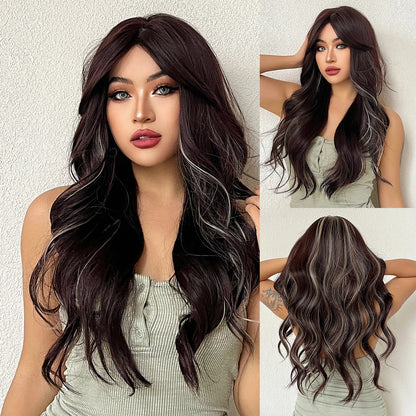 Long Wavy Synthetic Wigs for Women Red Brown Curly Fake Hair Wigs With Bangs Daily Use Party Heat Resistant Wavy Hair Wig