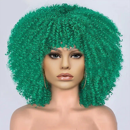Short Afro Kinky Curly Wig With Bangs For Black Women Synthetic Ombre Glueless Colorful Wig Cosplay Party Halloween Wigs