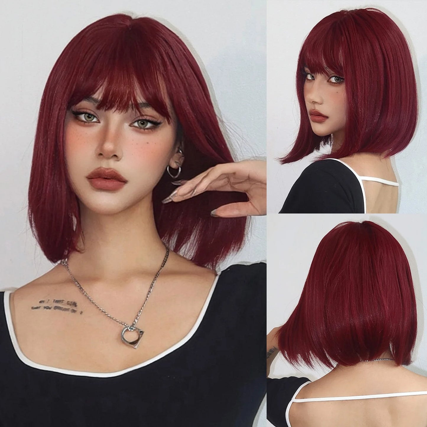 Straight Bob Synthetic Wigs Dark Brown Hair with Bangs for Women Shoulder Length Wig Daily Use Heat Resistant Korean Hairstyle