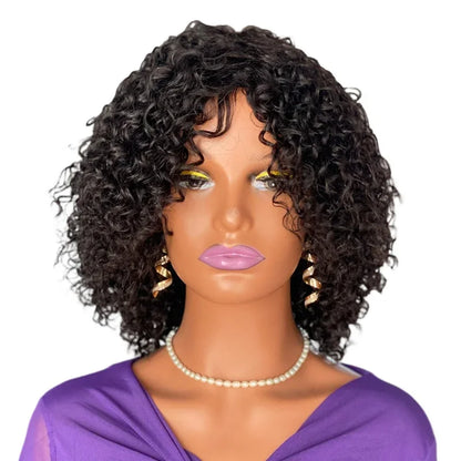 12A High Quality 10 Inch Virgin Human Hair Wigs 220% Density Curly Fringe with Bangs Full Cap for A Voluminous and Stylish Look