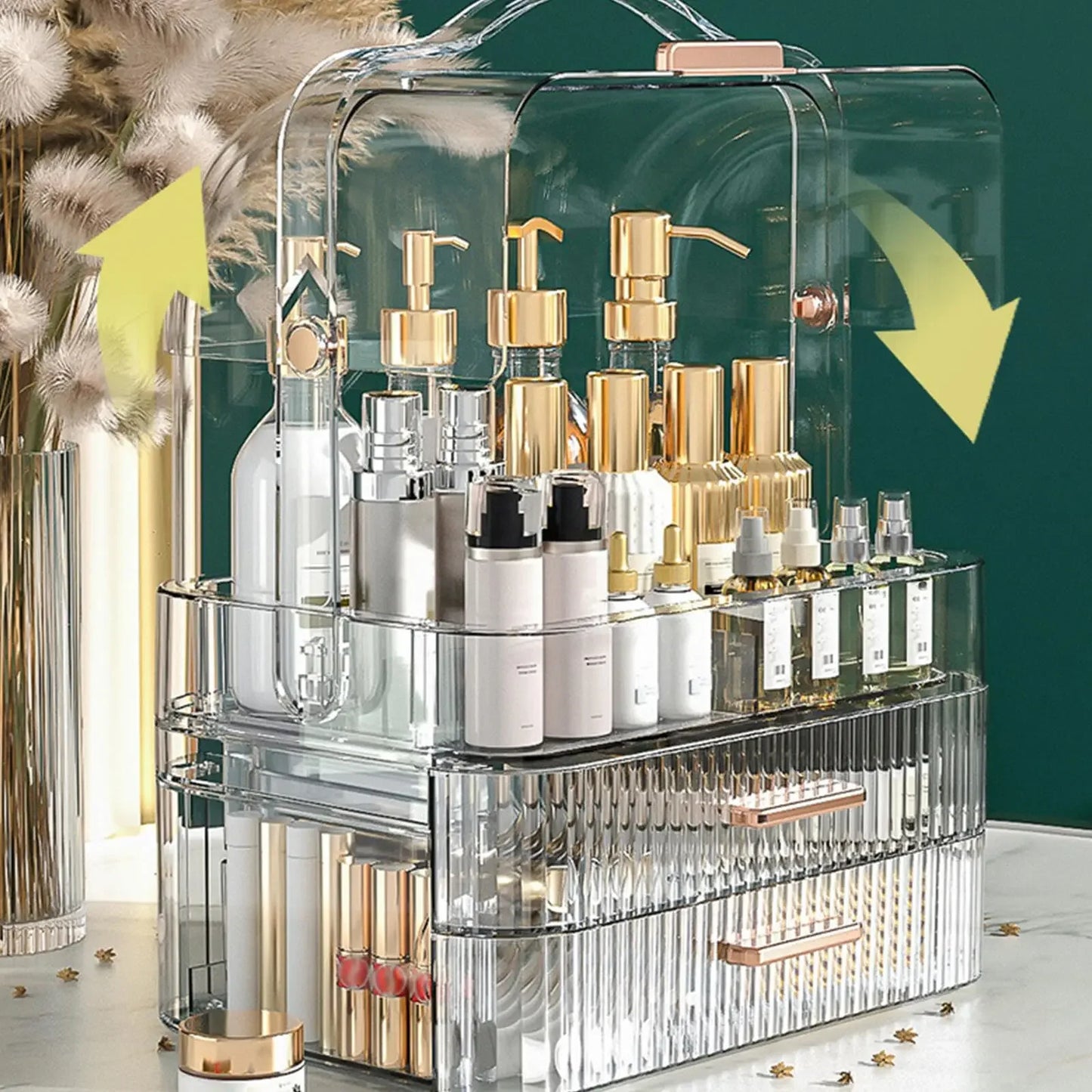Cosmetics Storage Box With Lid and Handle Large Makeup Organizer Box Drawers for Skincare Display Cases Countertop, Bathroom