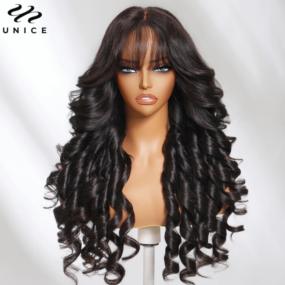 UNICE Hair Fluffy Loose Wave Wig With Curtain Bangs 7x5 Pre Cut Pre Bleached Glueless Wigs Human Hair Ready To Wear 180% Density
