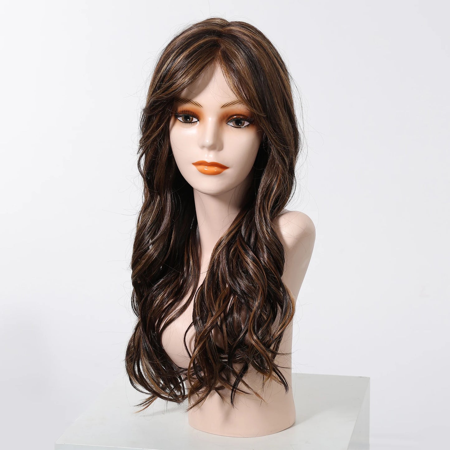 Long Wavy Curly Lace Front Synthetic Wigs for Women Brown With BLonde Highlights MONO Top Wigs Free Part Futura Wigs Glueless