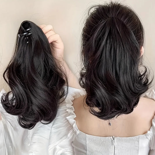 12-inch synthetic clip ponytail wig with wavy fake ponytail short curly hair clamped on a woman's ponytail black
