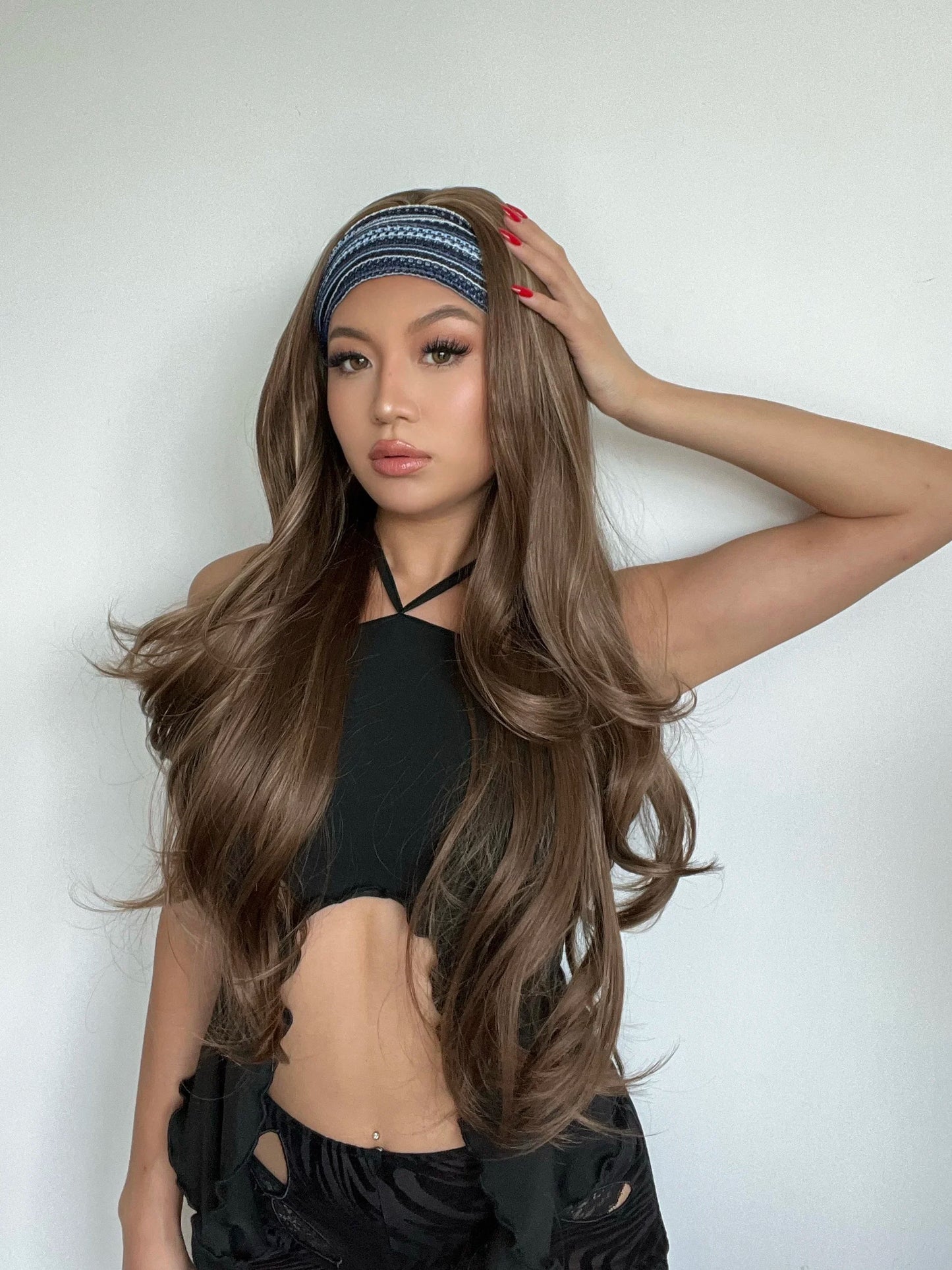 Long Headband Synthetic Wigs Natural Wavy Brown Highlight Headband Hair Wigs for Women Heat Resistant Cosplay Party Fake Hair