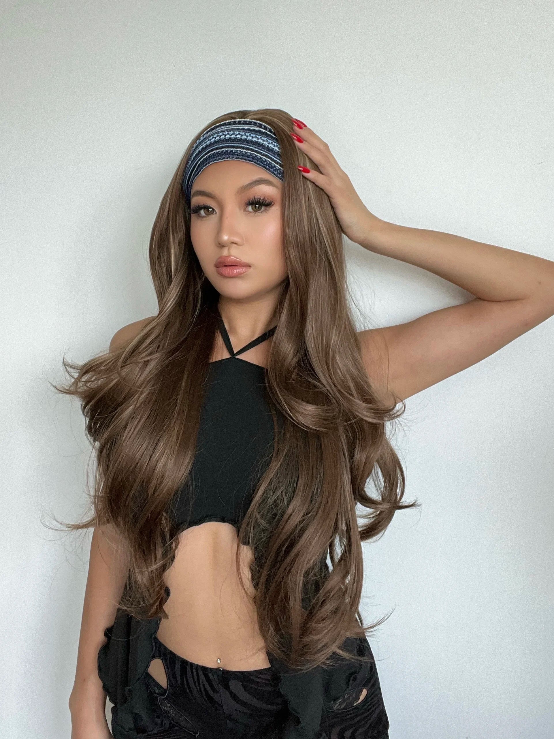 Long Headband Synthetic Wigs Natural Wavy Brown Highlight Headband Hair Wigs for Women Heat Resistant Cosplay Party Fake Hair