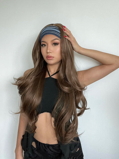 Long Headband Synthetic Wigs Natural Wavy Brown Highlight Headband Hair Wigs for Women Heat Resistant Cosplay Party Fake Hair