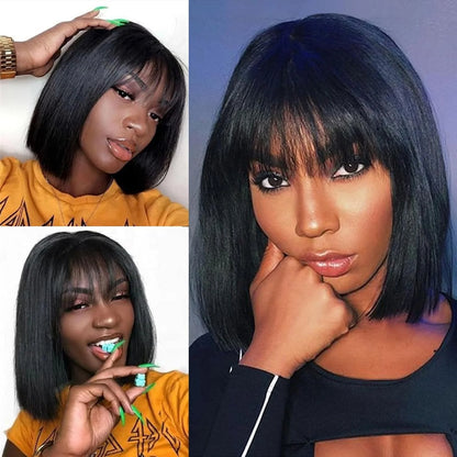 Human Hair Bob Wig Brazilian Straight Human Hair Wigs With Bangs None Lace Front Wigs Glueless Machine Made Wigs For black Women