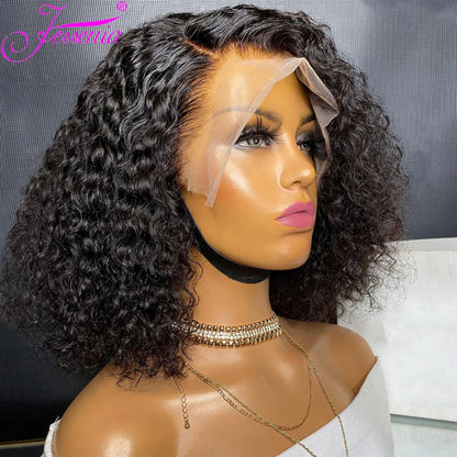 Kinky Curly Bob Cheap Wig Lace Frontal Human Hair Wigs 100% Brazilian Glueless Short Water Curly ForWomen 180Density Wear And Go