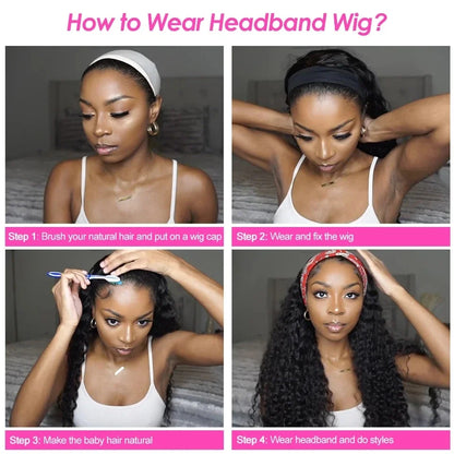 Headband Wig 100% Brazilian Human Hair Curly Wigs Easy To Install Water Wave Real Human Hair Wigs 180% Density