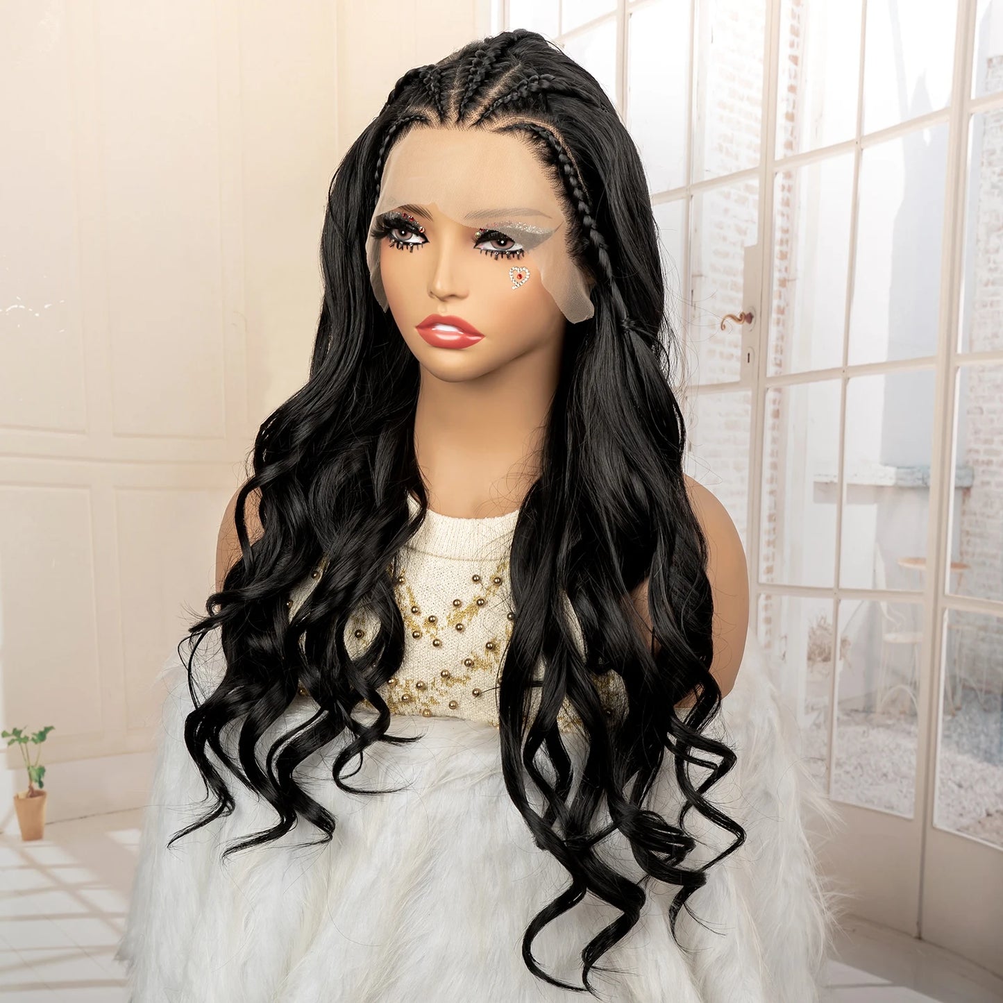 26 Inches Long Wavy Curly with Braids Synthetic Hair 13x4 Lace Front Wigs for Women Natural Color Wig for Daily Party Use