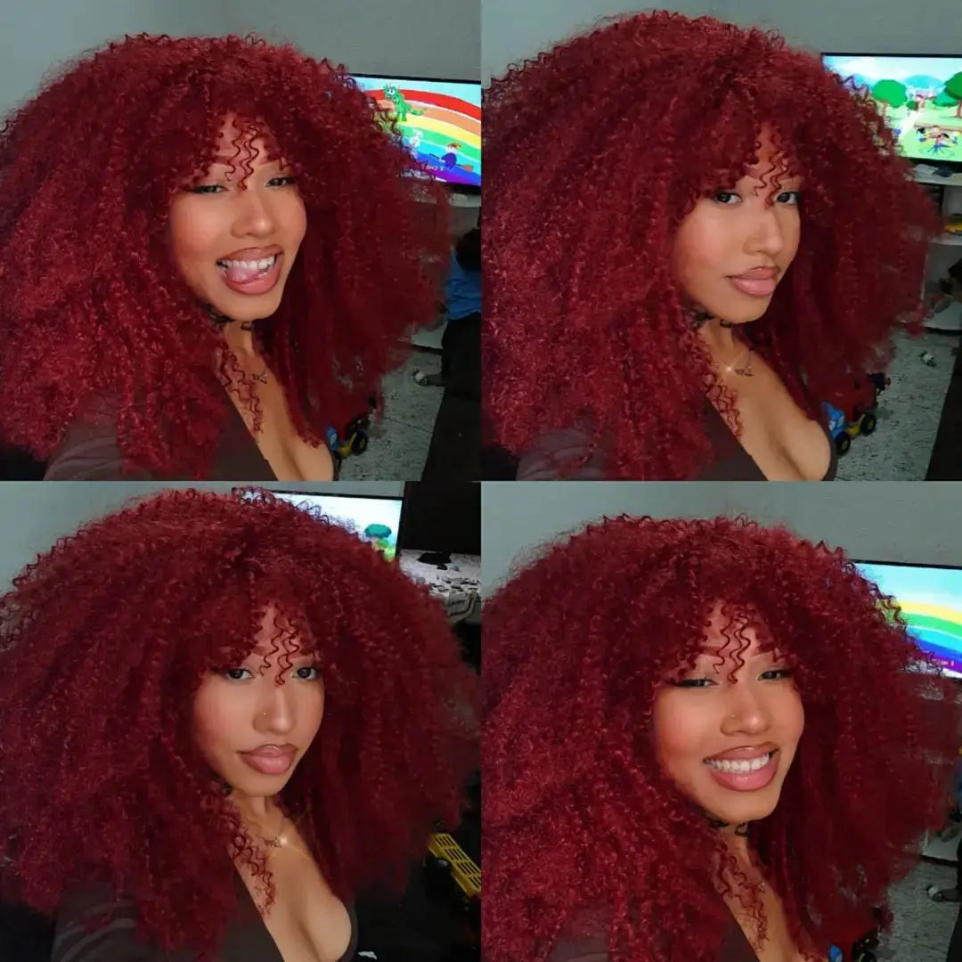 Afro Curly Wigs With Bangs For Black Women Burgundy Wig Synthetic Wine Red Hair Ombre Brown Blonde Cosplay Wig