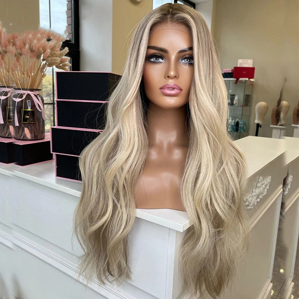 Full Lace Wig Warm Blonde Highlights Human Hair Wigs 13x6 HD Invisible Lace with Natural Roots Slight Wavy Virgin Hair 180%
