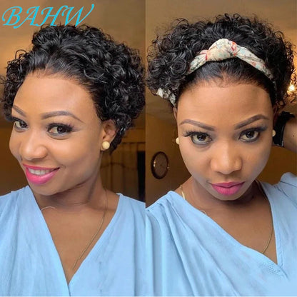 Peruvian Hair Short Inch Curly Pixie Cut Wig Hair with Bangs Cheap Price Bob with Bangs Wig Natural Black Short Wigs For Women