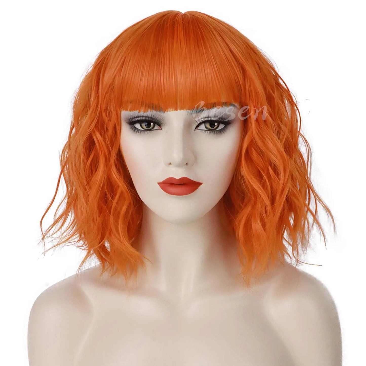 Synthetic Short Curly Bob Wig With Bangs for Women Wavy Shoulder Length Wig Short Water Wave Wig Daily Wear