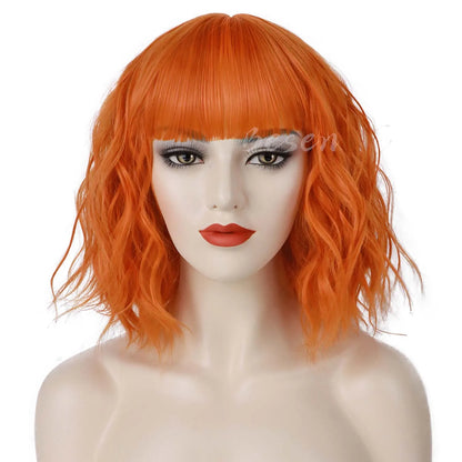 Synthetic Short Curly Bob Wig With Bangs for Women Wavy Shoulder Length Wig Short Water Wave Wig Daily Wear