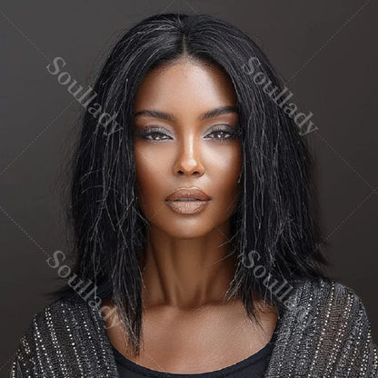 LULUCHIC Full Lace Wigs Silky Straight Lob Dark Salt & Pepper Human Hair Short Bob Part Anywhere High Breathable Cap Wigs