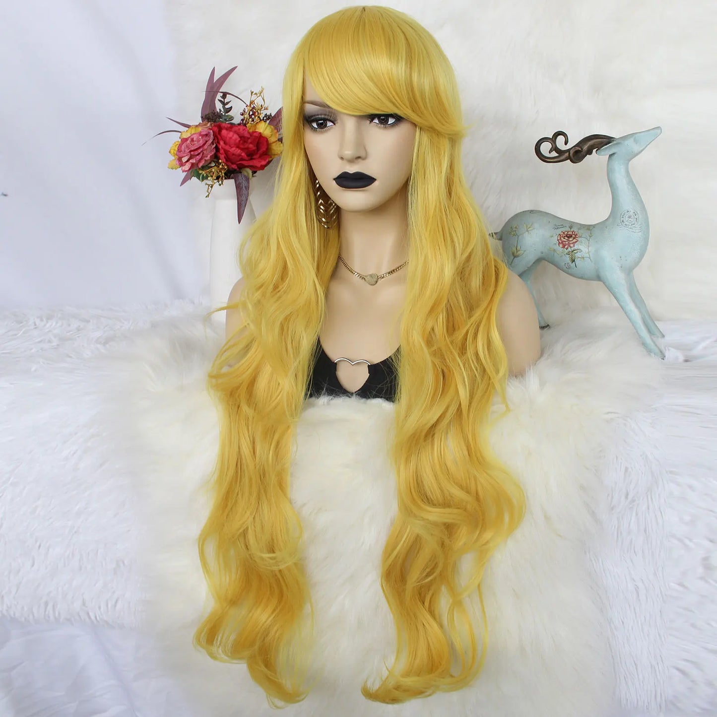 Synthetic hair 30 inches long yellow, loose body wavy and sexy wig with flat bangs, suitable for women's daily gatherings.