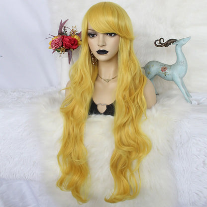 Synthetic hair 30 inches long yellow, loose body wavy and sexy wig with flat bangs, suitable for women's daily gatherings.