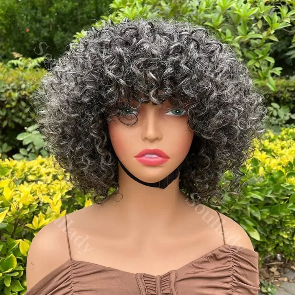 Dark Gray Curly Bob Wig With Bangs Glueless Wear & Go Salt And Pepper Wigs Short Kinky Curl  Human Hair Wigs For Elegant Mom