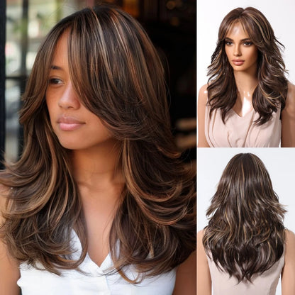 Long Curly Wavy Brown Wigs Highlights Brown Hair Synthetic Wigs For Women Daily Middle Part Natural Looking Wig High Temperature