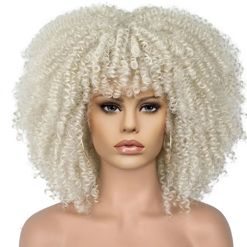 Short Afro Kinky Curly Wig With Bangs For Black Women Synthetic Ombre Glueless Colorful Wig Cosplay Party Halloween Wigs