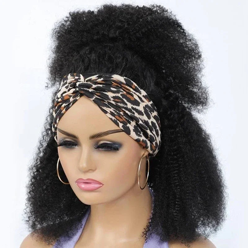 Afro Kinky Curly Human Hair Wigs For Women Headband Scarf Wig Full Machine Made Raw Indian Hair Natural Color