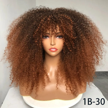 Afro Curly Wigs With Bangs For Black Women Burgundy Wig Synthetic Wine Red Hair Ombre Brown Blonde Cosplay Wig