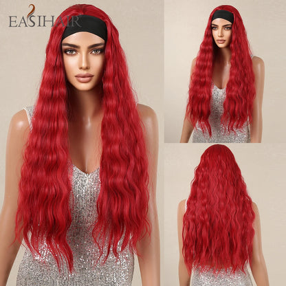 Long Headband Synthetic Wigs Natural Wavy Brown Highlight Headband Hair Wigs for Women Heat Resistant Cosplay Party Fake Hair