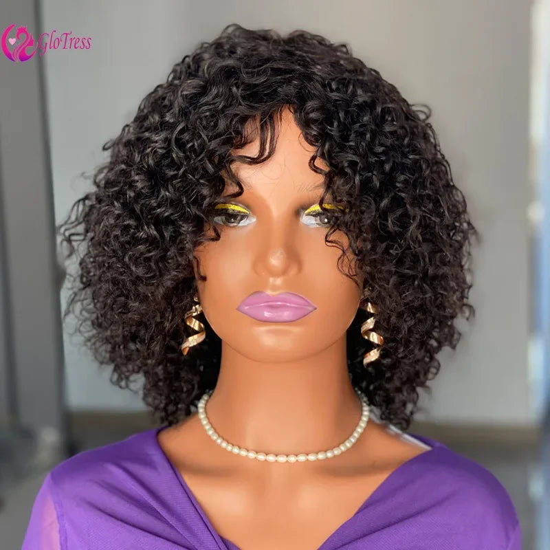 12A High Quality 10 Inch Virgin Human Hair Wigs 220% Density Curly Fringe with Bangs Full Cap for A Voluminous and Stylish Look