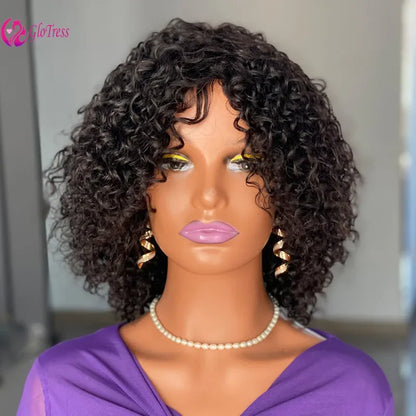 12A High Quality 10 Inch Virgin Human Hair Wigs 220% Density Curly Fringe with Bangs Full Cap for A Voluminous and Stylish Look