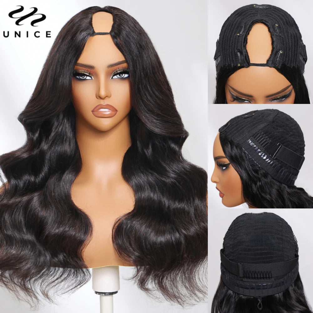 UNice Hair Upgraded Body Wave U Part Wig / V Part Wig With Elastic Drawstring 100% Human Hair Upart Wig Minimal Leave Out