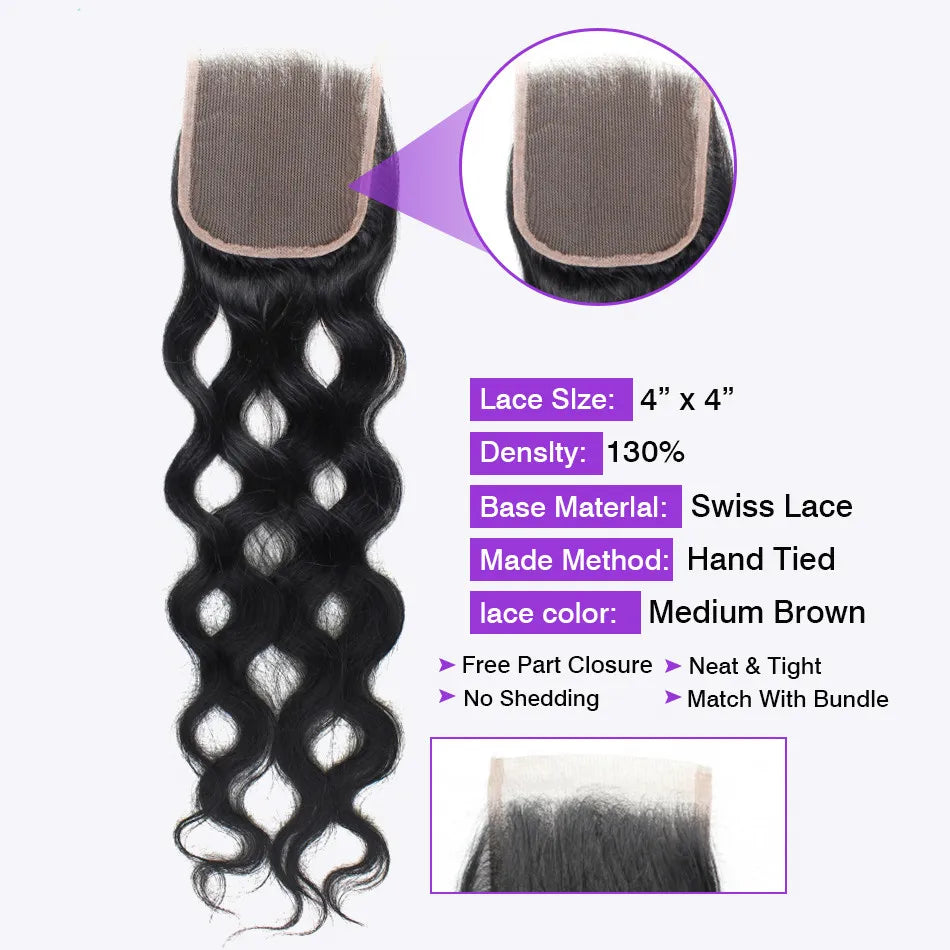 Peruvian Natural Wave Hair Extensions With Closure Human Hair Bundles With Closure 100% Remy Human Hair 4x4 Closure With Bundles