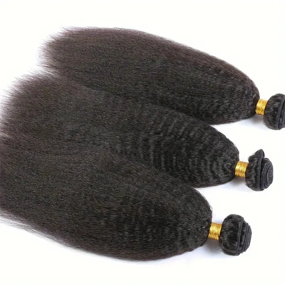 Brazilian Kinky Straight Hair Bundles With Closure Ear to Ear Coarse Yaki Bundles With Frontal Closure Remy Human Hair Extension