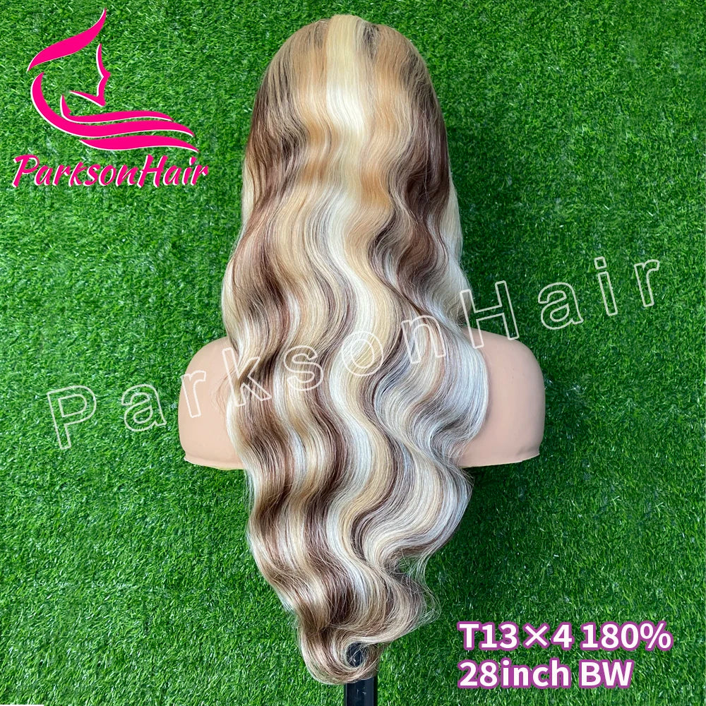 Full Lace Frontal Highlights 613 Brown Blonde Colored 13X4 HD Transparent Lace Front Wigs Body Wave Human Hair Wig For Women