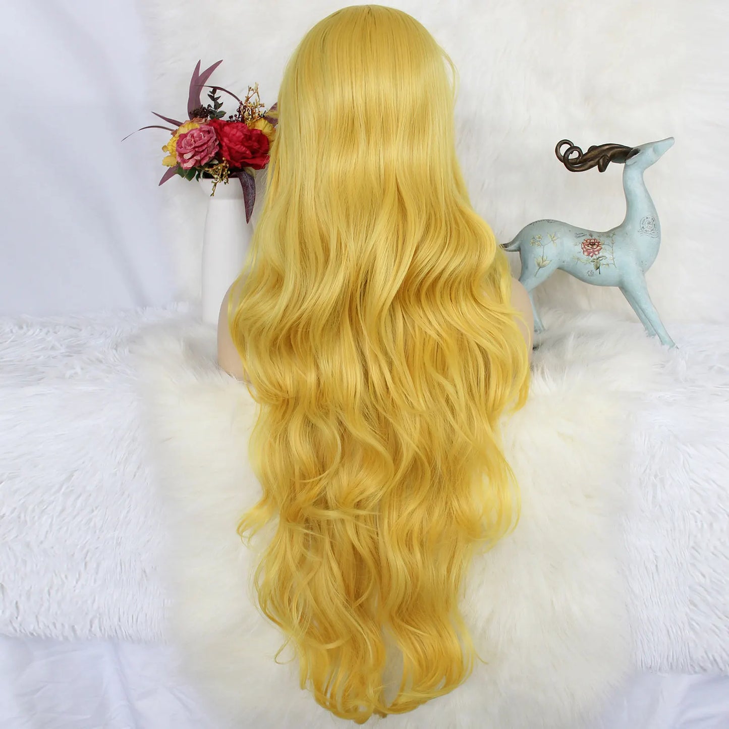 Synthetic hair 30 inches long yellow, loose body wavy and sexy wig with flat bangs, suitable for women's daily gatherings.