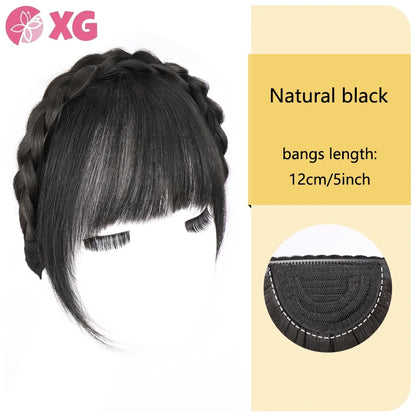 A Headband with Three-Strand Braids And a Twisted Braid Along with a 4-Inch Black And Brown Wig with Bangs