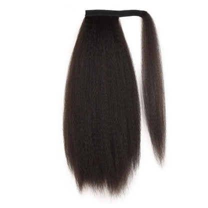 Synthetic Long Kinky Straight Ponytail Extension for Black Women Yaki Wrap Arpund Hair 24 Inch Clip in Magic Paste Black Tail
