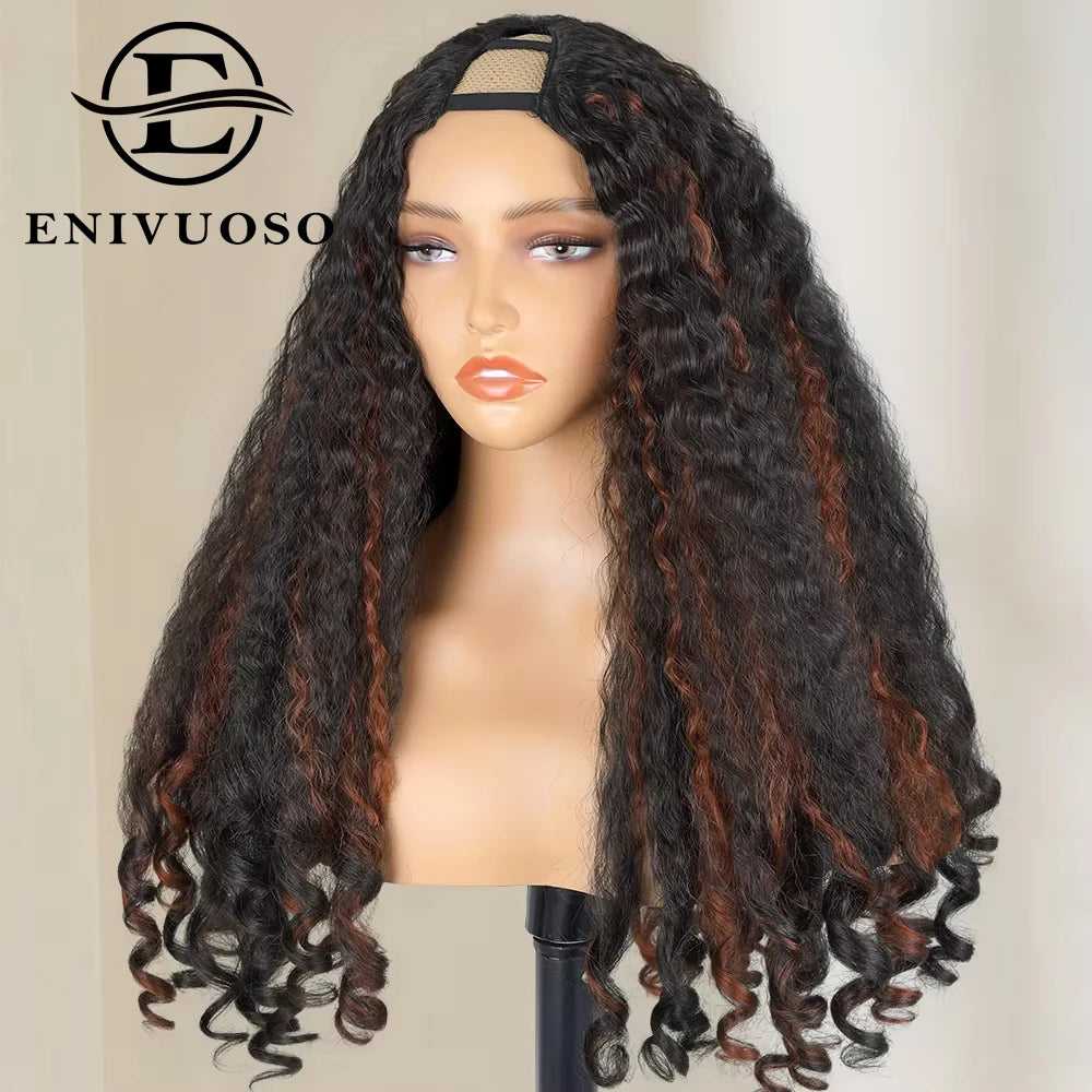 Afro Kinky Straight V Part Wigs with Bouncy Curls Short Synthetic Glueless Wigs for Black Women No Leave Out Clip in Half Wigs