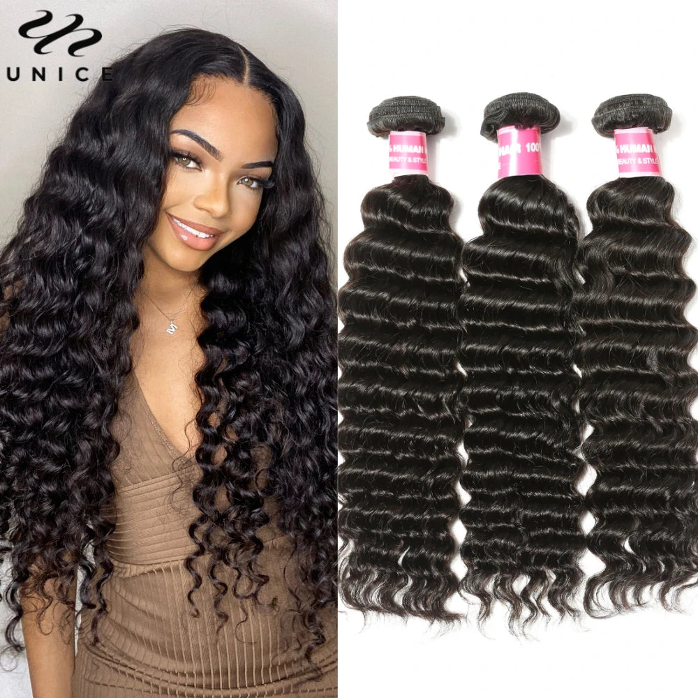 UNICE Hair Deep Wave Human Hair Bundles 1/3/4 PCS Deal 100Gram Per Bundle Human Hair Sew-in Weaves