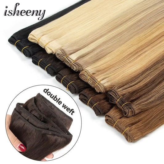Straight Human Hair Weaves Brazilian Remy Human Hair Bundles Sew In Weft Extensions Straight Blonde 50g 12"-24" Natural Hair