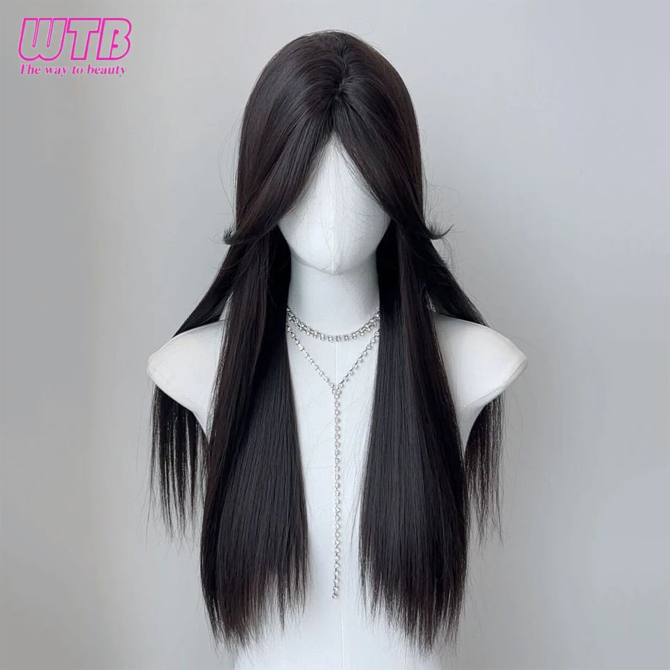Syntietic WIGS Popular Black Long Deep Wave Hair Lolita Wigs With Bangs Synthetic Wig For Women Fashion Thick Curls Wigs Girl