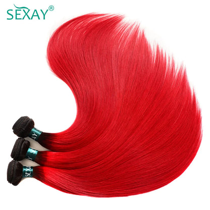 1B Red Bundles With Closure Baby Hair Ombre Straight Human Hair Weave 3 Bundles With 4x4 Transparent Lace Closure Pre Plucked