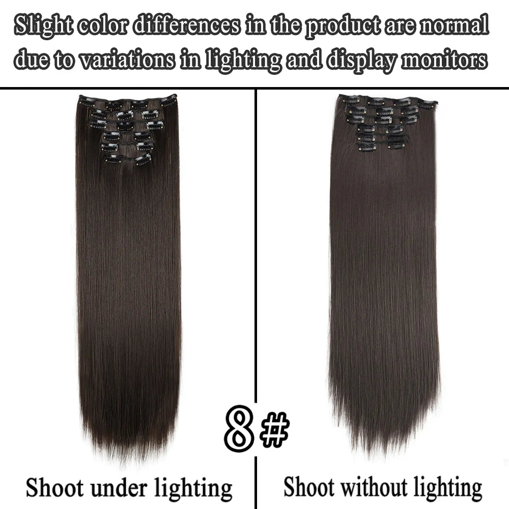 24Inch 16 Clips in Hair Extensions Long Straight Hairstyle Synthetic Blonde Black Hairpieces Heat Resistant False Hair Daily Use