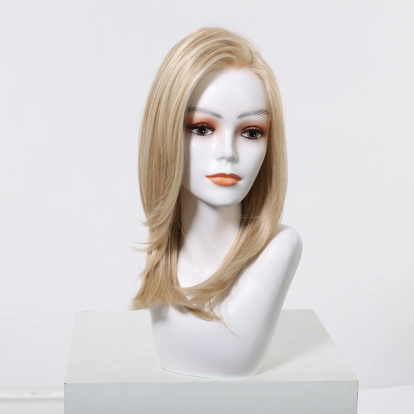 MONO Lace Frontal Synthetic Wigs Light Brown Blonde Hair Middle Length Straight Layered Wigs for White Women Daily 16inches Hair