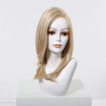 MONO Lace Frontal Synthetic Wigs Light Brown Blonde Hair Middle Length Straight Layered Wigs for White Women Daily 16inches Hair